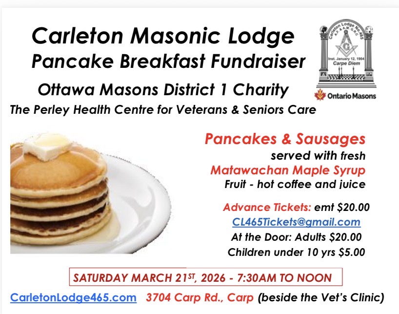 Official event poster — Carleton Masonic Lodge Pancake Breakfast Fundraiser, March 21 2026